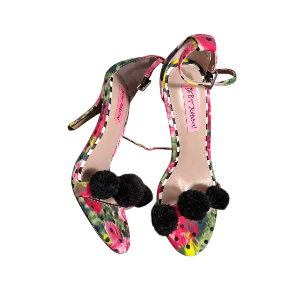 Betsey Johnson floral print heels black pom poms pink black green size 7B